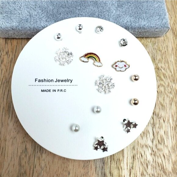 Snowflake Winter Rainbow Post Earrings 7 Pairs - Picture 1 of 4